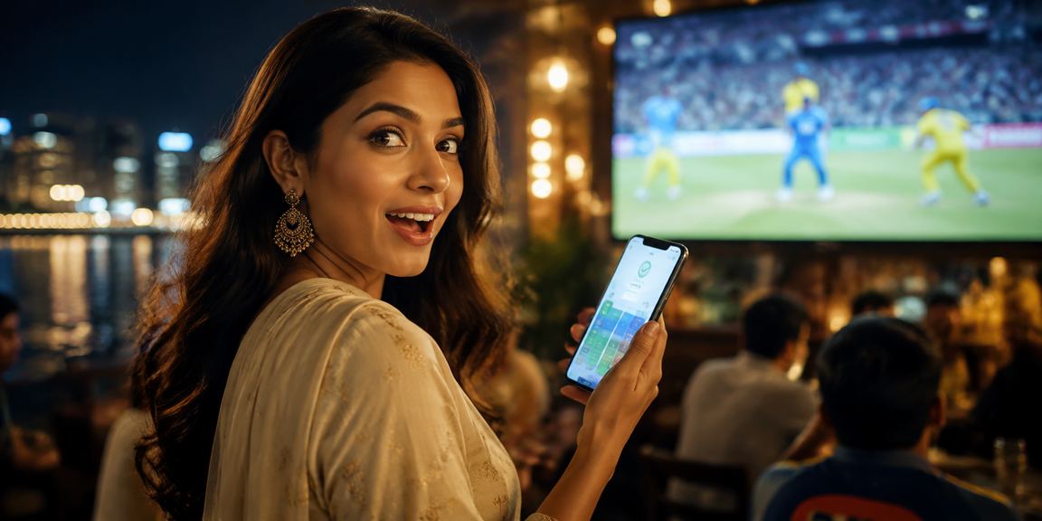 Indian lady enjoying live casino while watching cricket betting in traditional attire