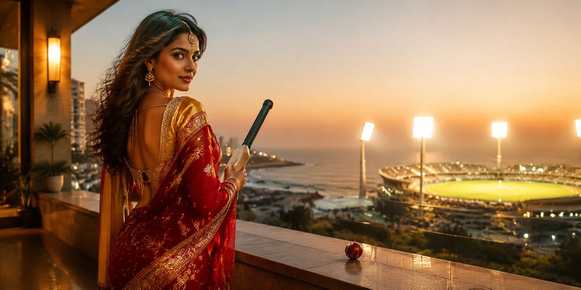 Indian woman enjoying cricket betting on a mobile