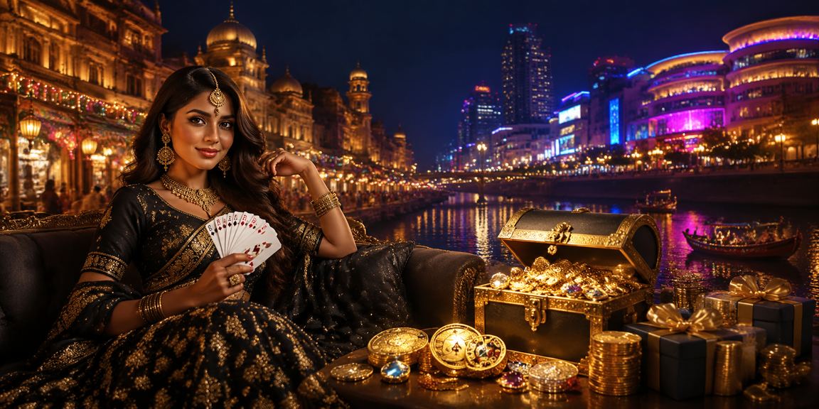 Neon sign with India Rummy casino game illuminating a gaming lounge
